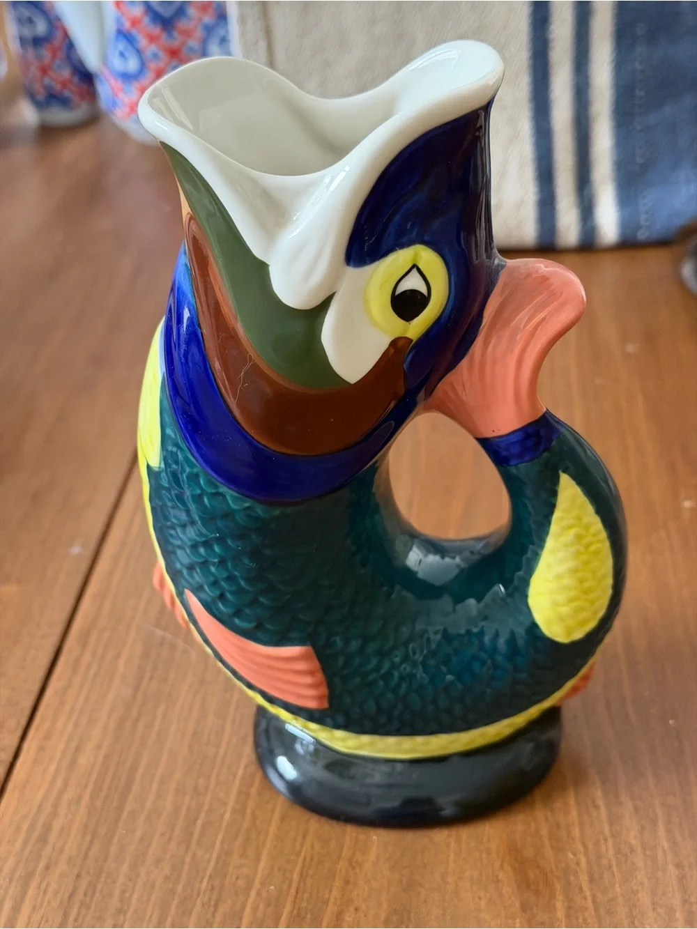Vintage Wade Gluggle Jug Fish Pitcher Multicolor Ceramic England Gurgle Vase